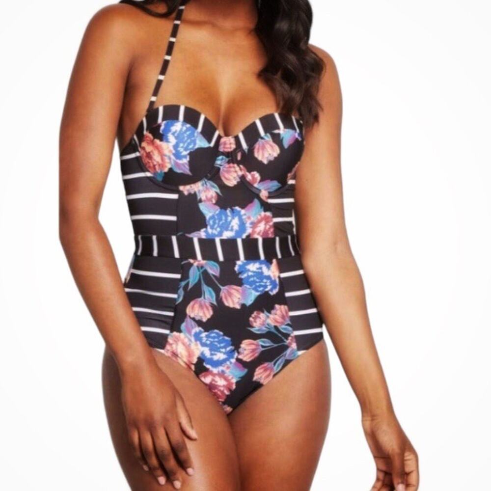 Modcloth Large Multicolor Floral & Stripes Harper One Piece Swimsuit